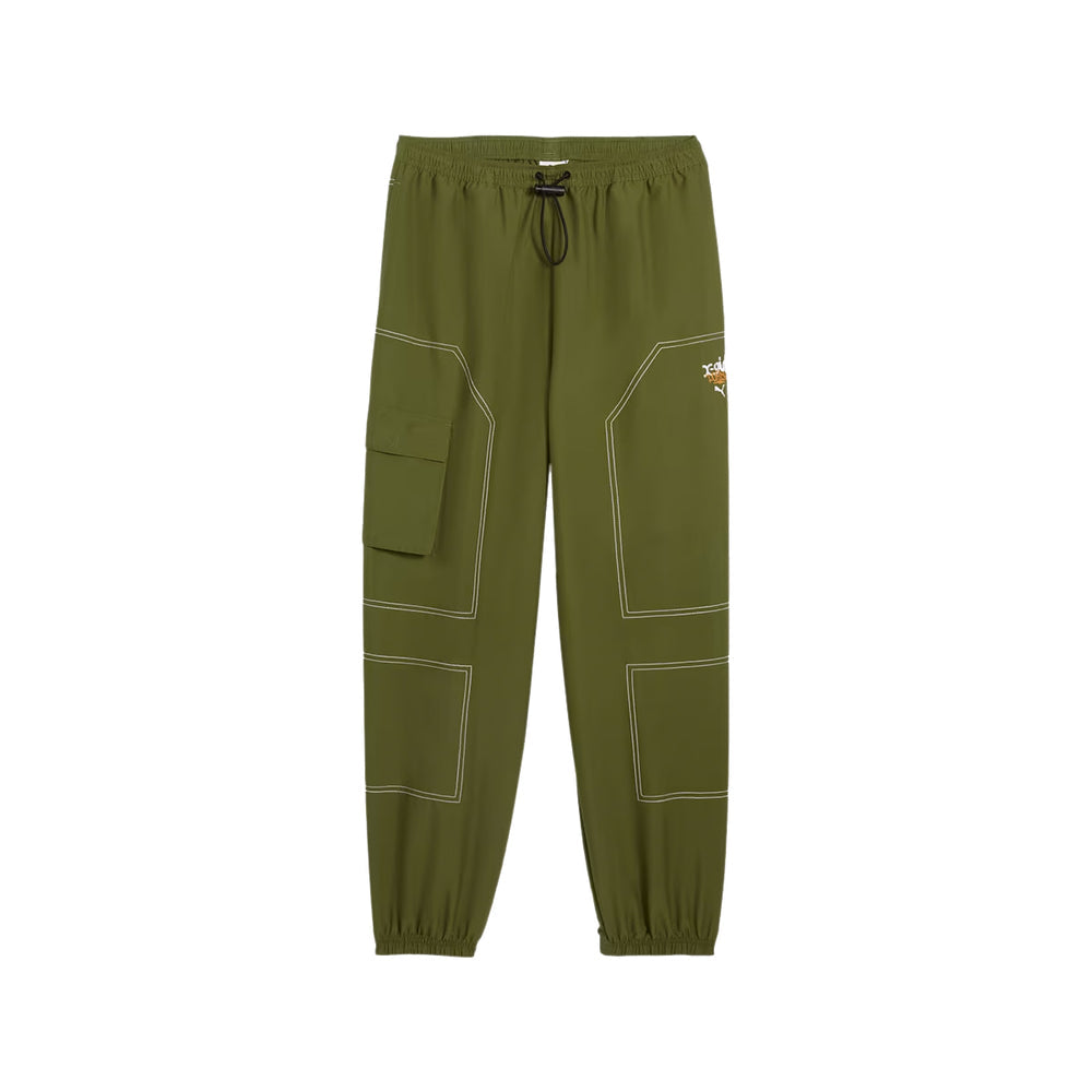 Front view of PUMA x X-GIRL Cargo Pants WV in black with utility pockets and co-branded detailing.