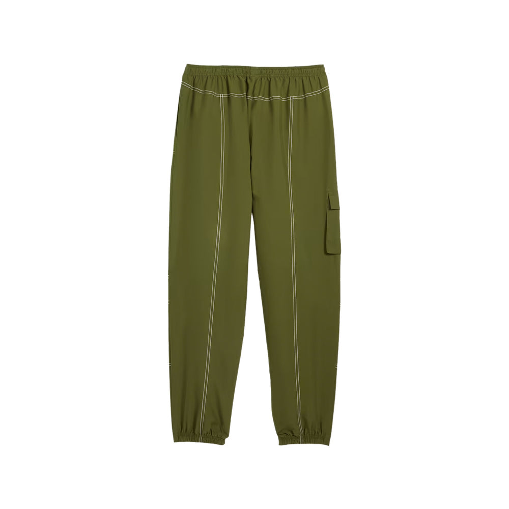Front view of PUMA x X-GIRL Cargo Pants WV in black with utility pockets and co-branded detailing.