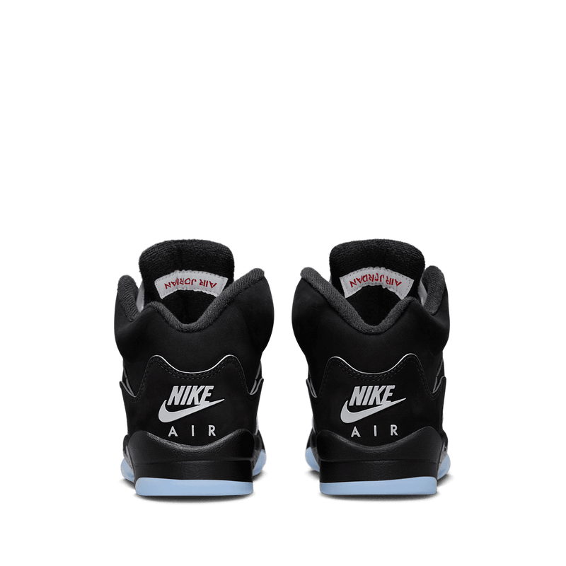 Air Jordan 5 sneaker with zig-zag midsole details, mesh panels, lace locks, and premium nubuck leather with metallic accents.