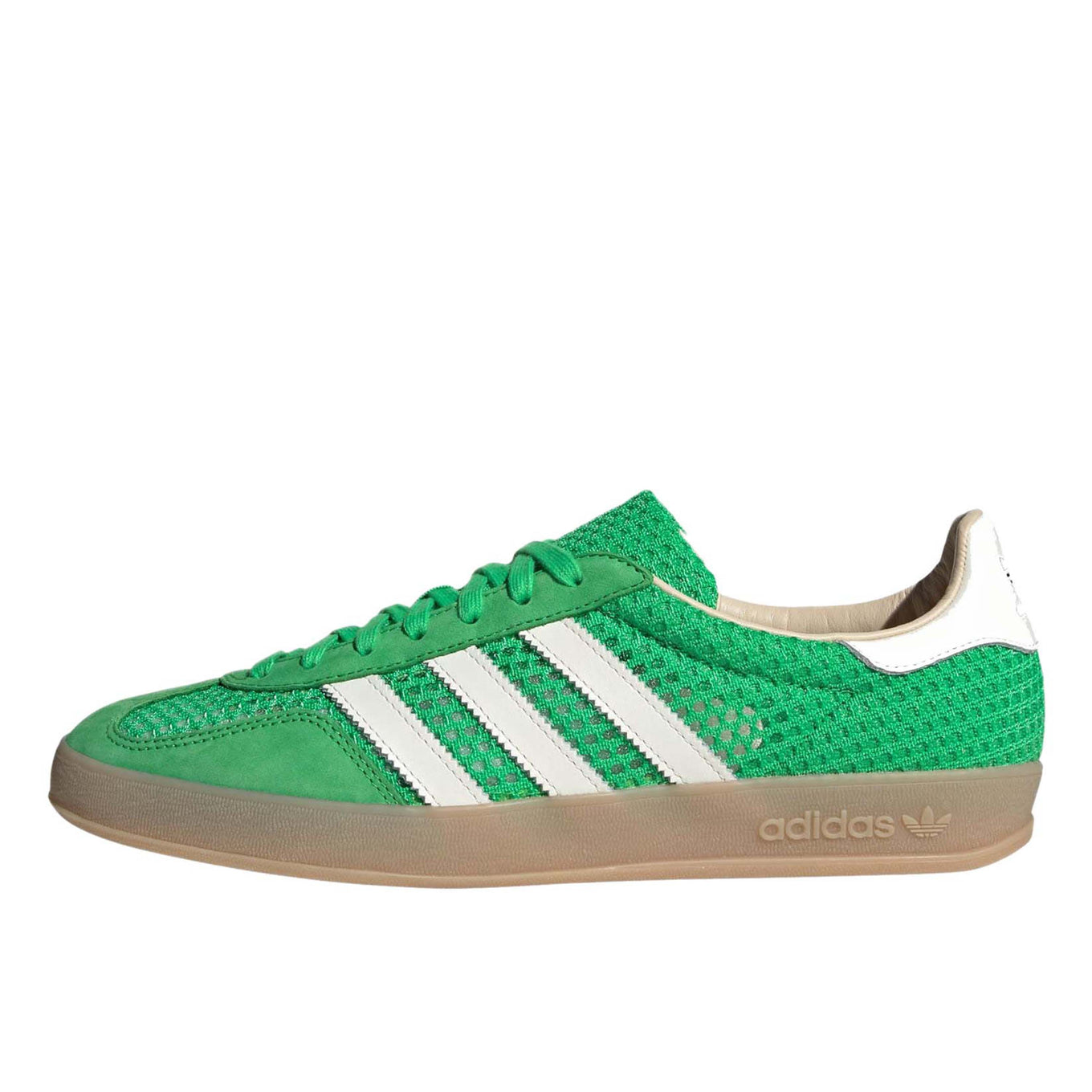 adidas Gazelle Indoor Shoes with mesh upper, leather lining, and translucent gum sole.