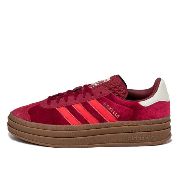 Adidas Gazelle Bold shoes with a layered platform outsole, luxurious velvet upper, and suede accents, inspired by classic '70s trainers.