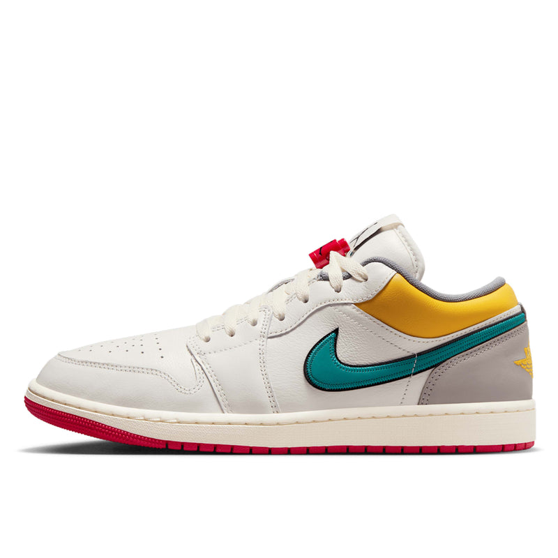 AJ1 Low Premium sneaker with Sail leather upper, Yellow Ochre and College Grey accents, dual-layered Swoosh logos, and Nike Air cushioning.