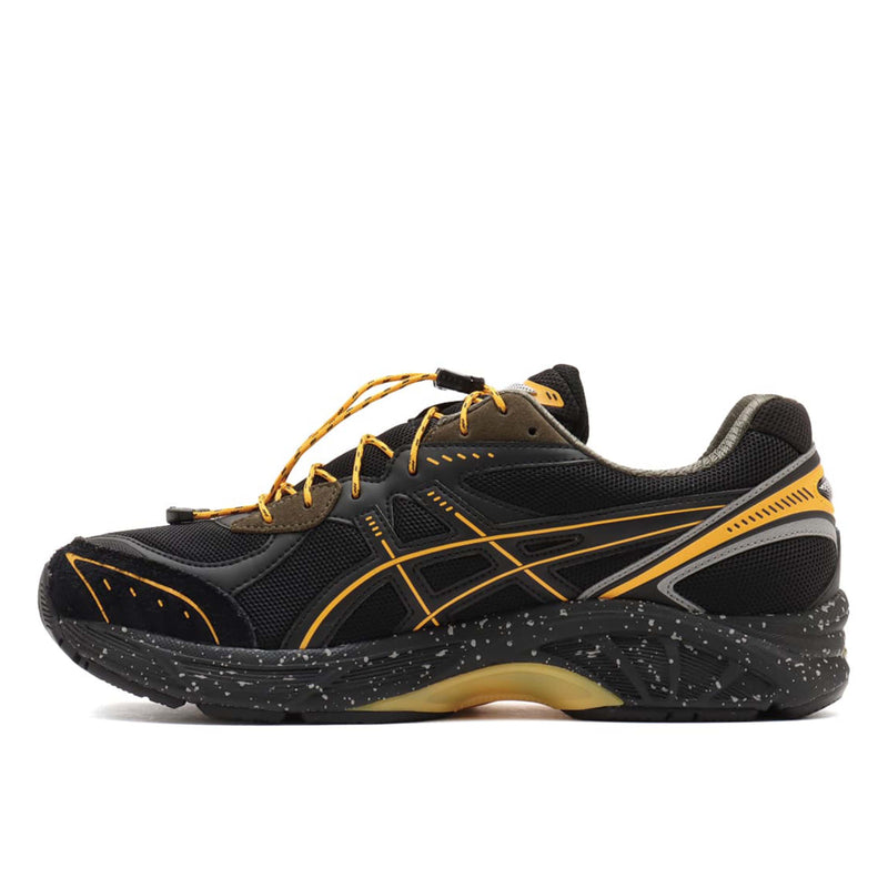 atmos x GRIPSWANY x ASICS SportStyle GT-2160 sneakers featuring a black upper with Swany Yellow ASICS stripes, drawstring laces, reflective details, and a duck camo insole.