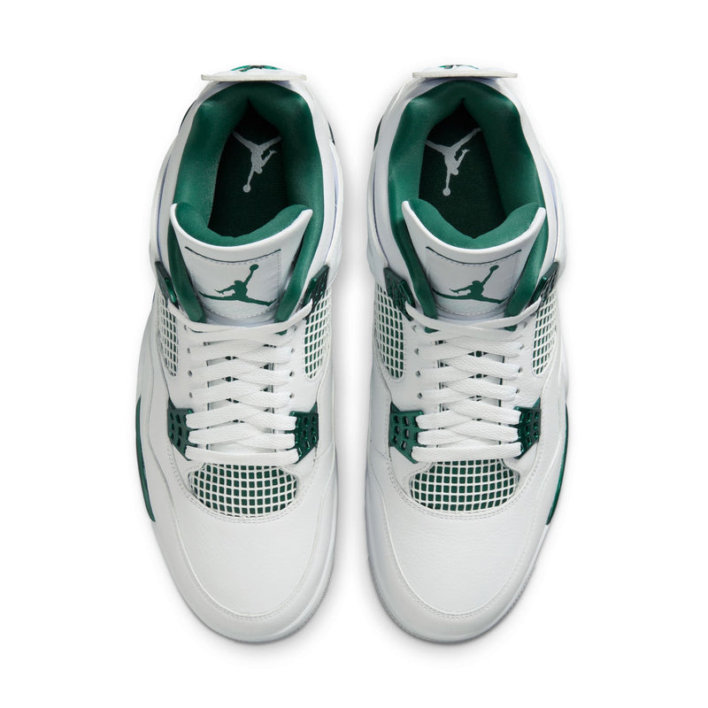 The Air Jordan 4 sneakers in white leather with Oxidised Green accents, featuring metallic lustre on the eyelets, midsole, and branding.