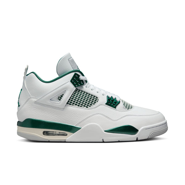 The Air Jordan 4 sneakers in white leather with Oxidised Green accents, featuring metallic lustre on the eyelets, midsole, and branding.