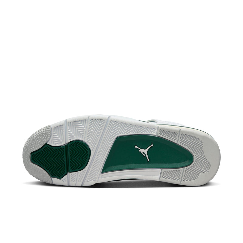 The Air Jordan 4 sneakers in white leather with Oxidised Green accents, featuring metallic lustre on the eyelets, midsole, and branding.