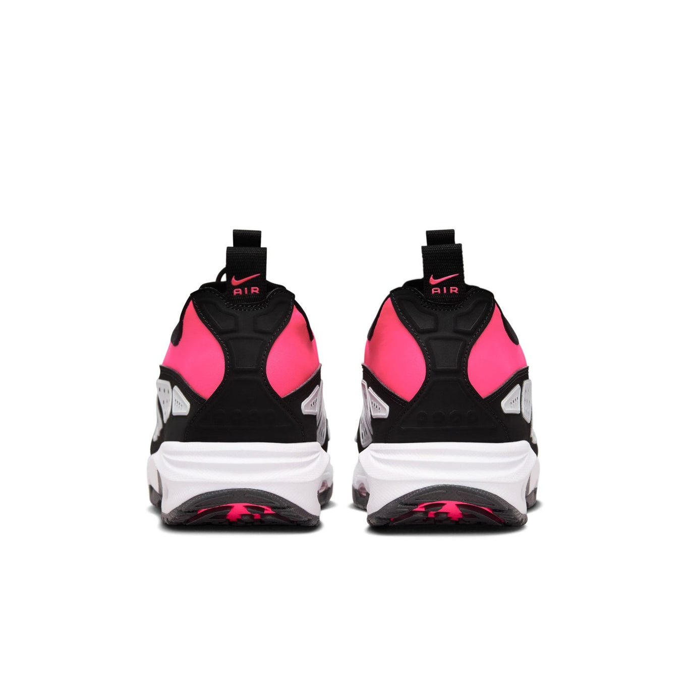 Air Max SNDR sneaker featuring a bold color scheme with black overlays, Hyper Pink shroud, and reflective white panels, equipped with Max Air and Nike Air cushioning. Unzipped shroud reveals "6453," referencing Nike's global office numbers.



