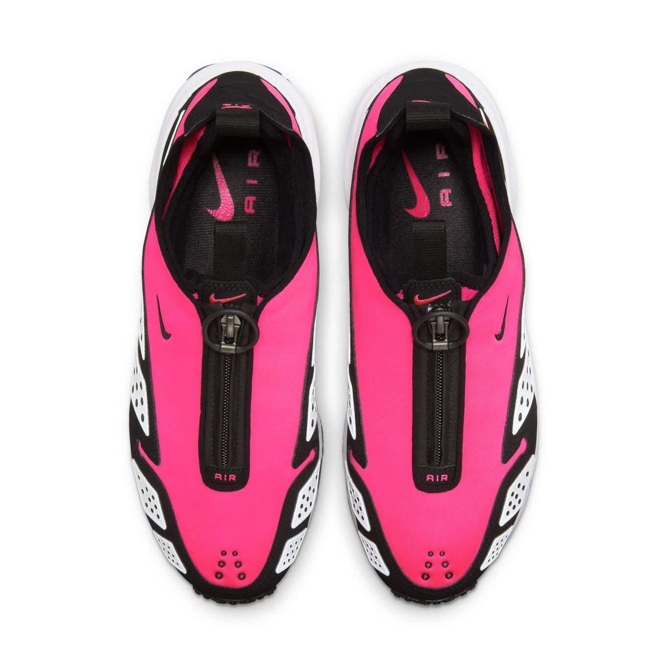 Air Max SNDR sneaker featuring a bold color scheme with black overlays, Hyper Pink shroud, and reflective white panels, equipped with Max Air and Nike Air cushioning. Unzipped shroud reveals "6453," referencing Nike's global office numbers.



