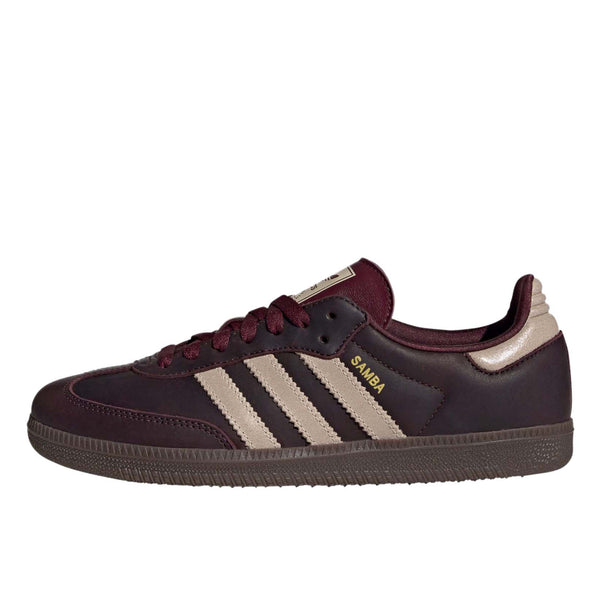 adidas Samba OG shoes in premium leather with shiny accents, showcasing their iconic silhouette and versatile style.