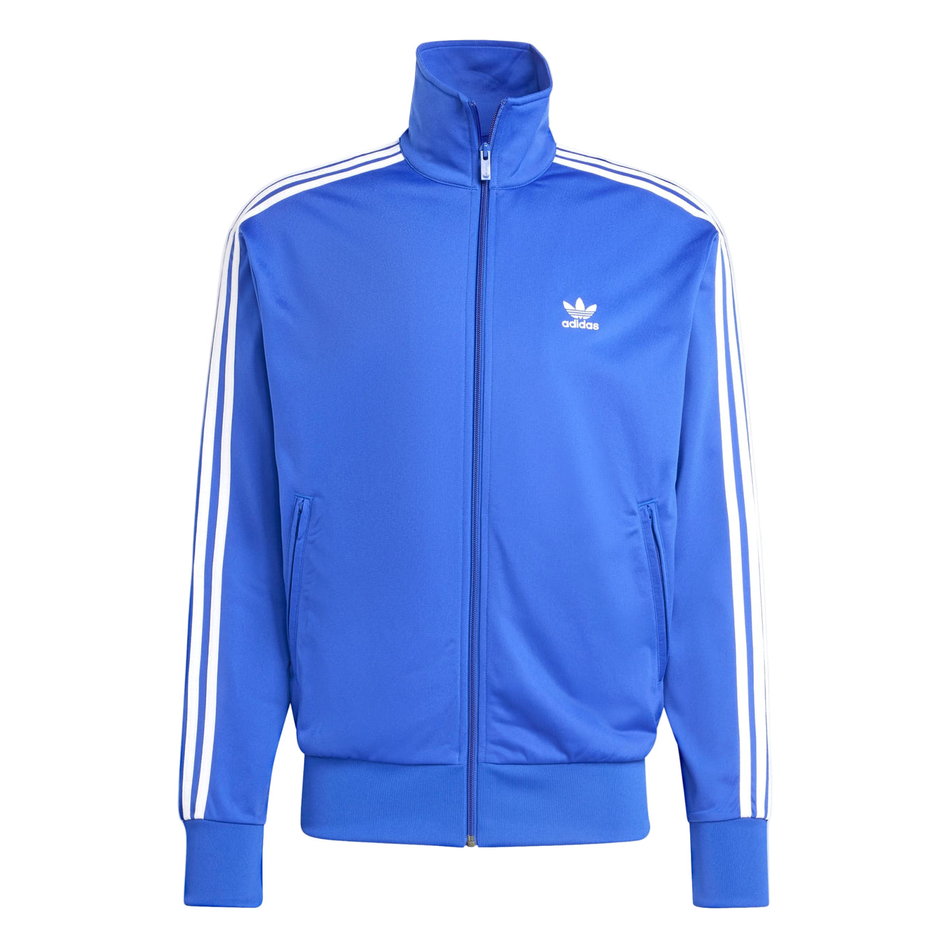 adidas Adicolor Firebird Jacket showcasing timeless style with vibrant color scheme, embroidered Trefoil logo on chest, 3-Stripes on arms, stand-up collar, zip pockets, and ribbed cuffs for comfort and functionality.