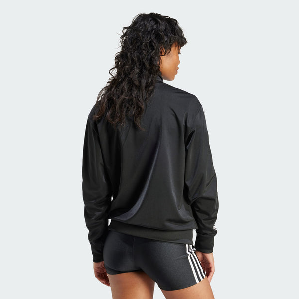 Adidas Originals Firebird track top in shiny recycled tricot with stand-up collar and 3-Stripes sleeves.


