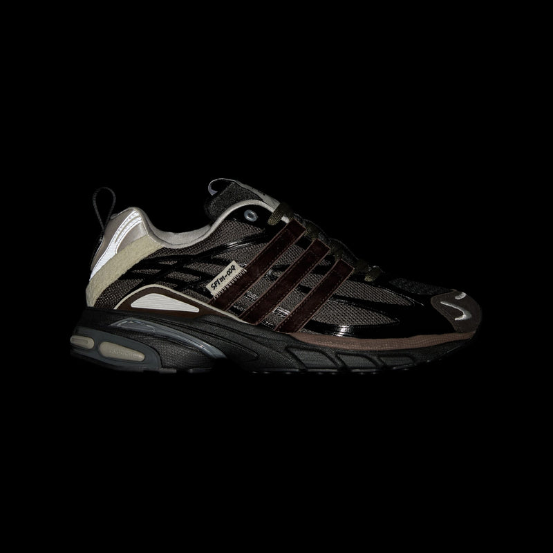 Song For The Mute x adidas footwear collection featuring Core Black Dark Brown, Shadow Green, and Taupe Metallic colorways with unique mesh weaves, velvet-like satin Three Stripes, and synthetic textured leather.