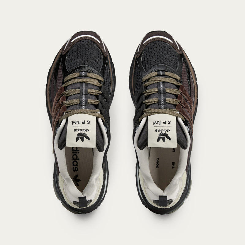 Song For The Mute x adidas footwear collection featuring Core Black Dark Brown, Shadow Green, and Taupe Metallic colorways with unique mesh weaves, velvet-like satin Three Stripes, and synthetic textured leather.