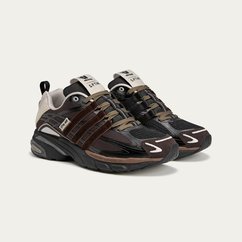 Song For The Mute x adidas footwear collection featuring Core Black Dark Brown, Shadow Green, and Taupe Metallic colorways with unique mesh weaves, velvet-like satin Three Stripes, and synthetic textured leather.