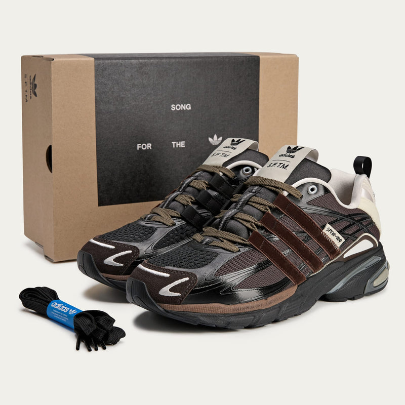Song For The Mute x adidas footwear collection featuring Core Black Dark Brown, Shadow Green, and Taupe Metallic colorways with unique mesh weaves, velvet-like satin Three Stripes, and synthetic textured leather.