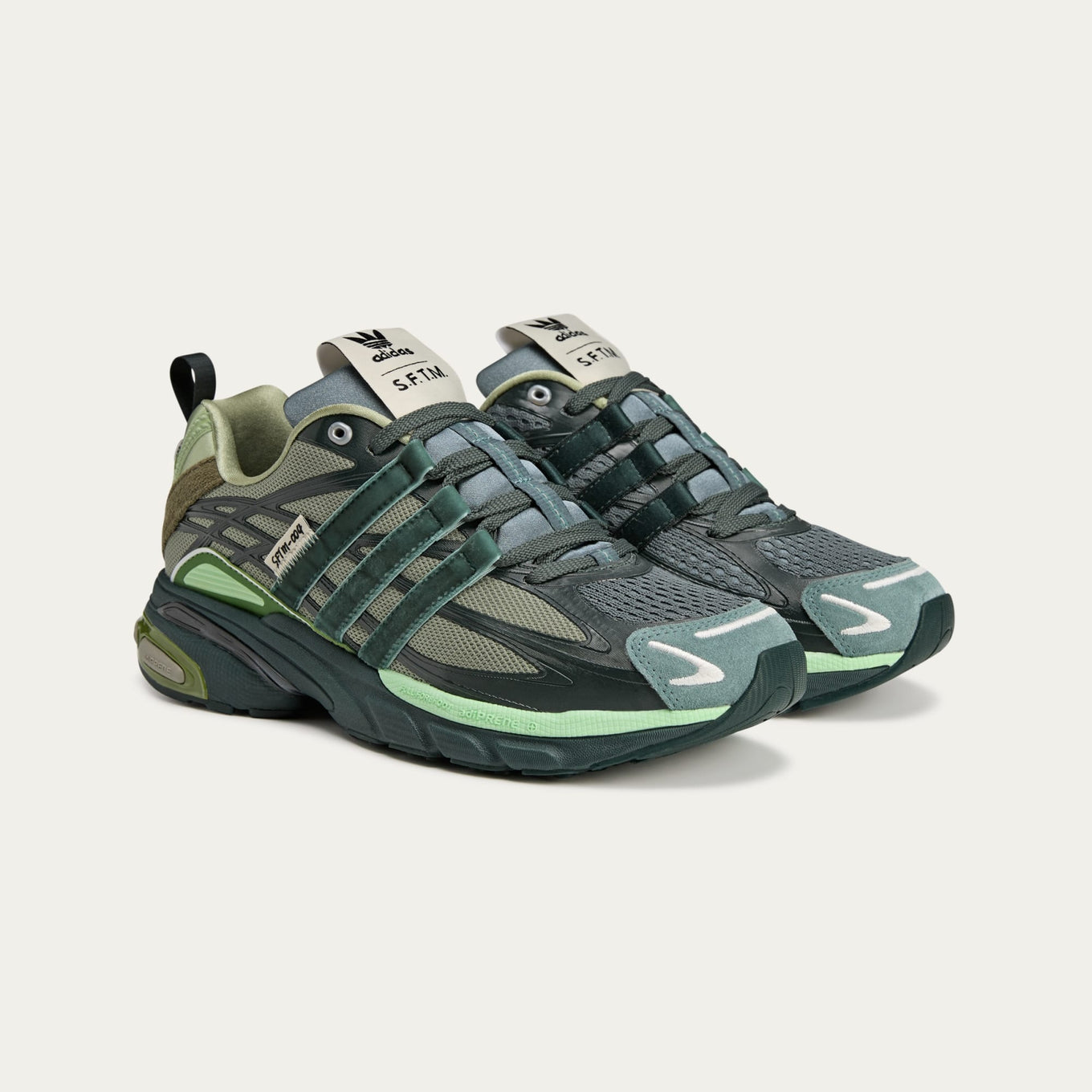 Song For The Mute x adidas footwear collection featuring Core Black Dark Brown, Shadow Green, and Taupe Metallic colorways with unique mesh weaves, velvet-like satin Three Stripes, and synthetic textured leather.