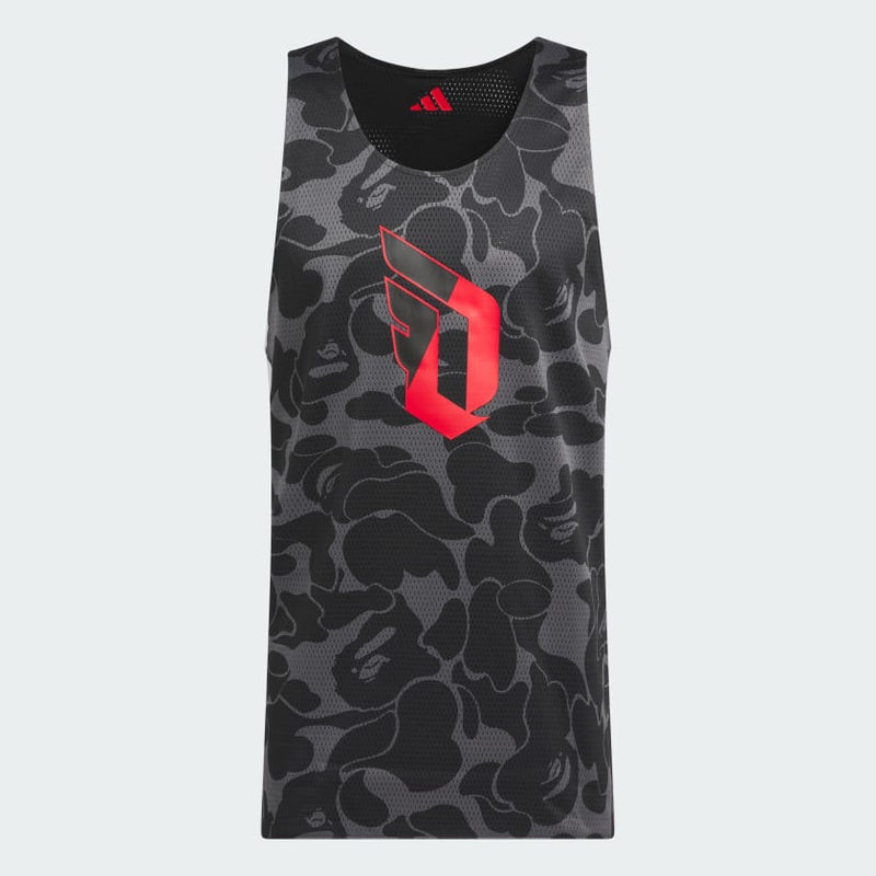 adidas basketball jersey featuring Damian Lillard and Bathing Ape® with a double-sided design, round neck, and polyester mesh for enhanced comfort and style.