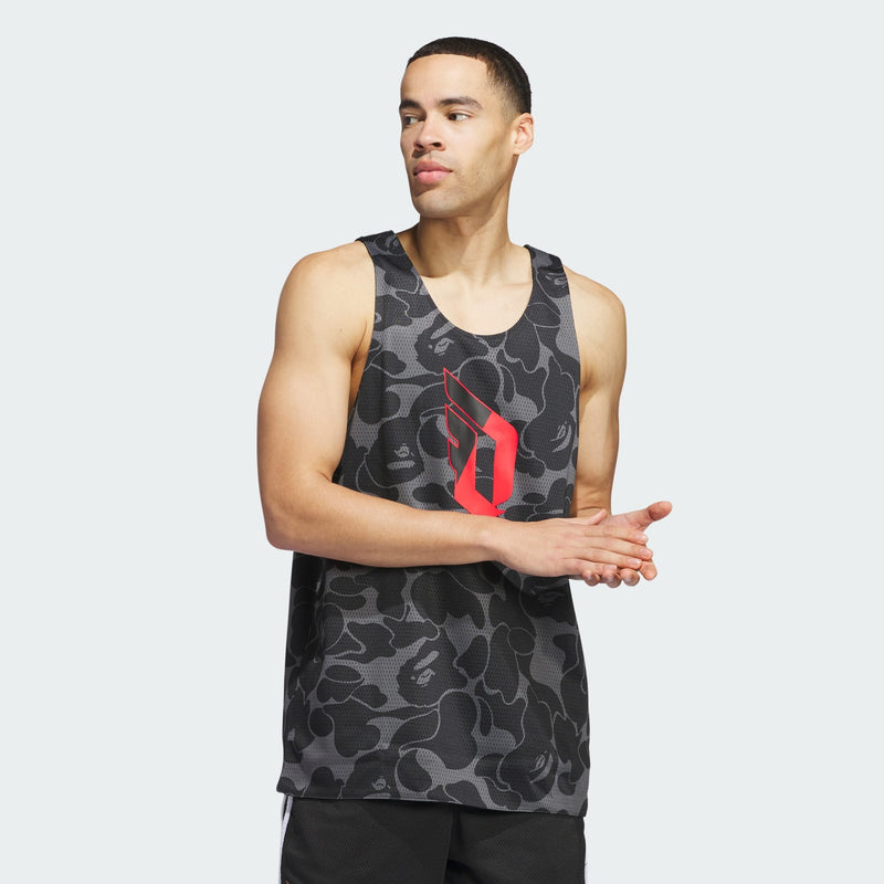 adidas basketball jersey featuring Damian Lillard and Bathing Ape® with a double-sided design, round neck, and polyester mesh for enhanced comfort and style.