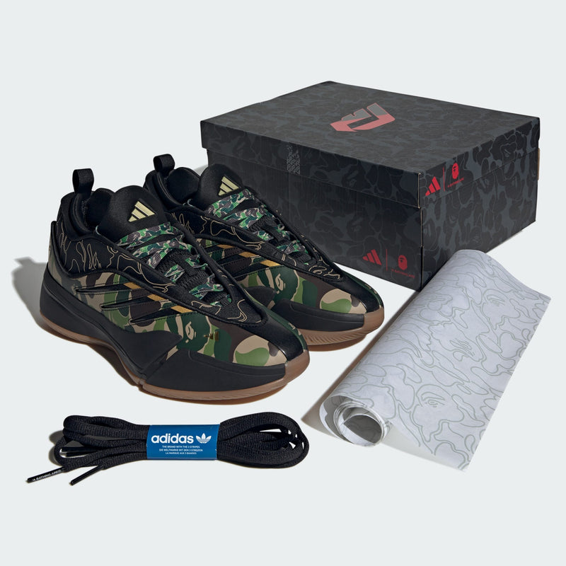 BAPE x adidas Basketball Dame 9 collection featuring Damian Lillard’s new signature shoe with camouflage print and BAPE branding details


