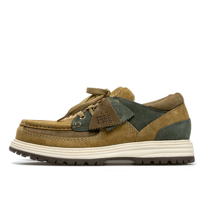 8th St by Ronnie Fieg x Clarks Originals Sunderland sneakers in Brown/Green, featuring C.F. Stead suede, nubuck collar, brass hardware, and cleated rubber outsole.