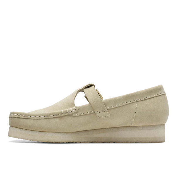 Wallabee T Bar shoes in maple suede with natural crepe soles and T-bar closure.