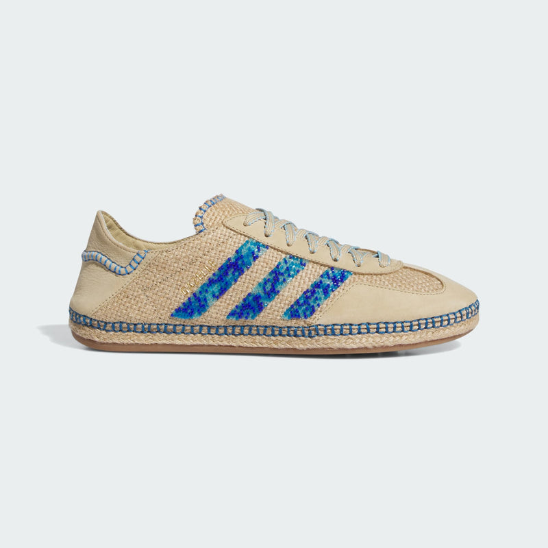 CLOT x adidas Originals Gazelle in “Linen Khaki/Light Blue” featuring textured linen upper, blue accents, and detailed stitching