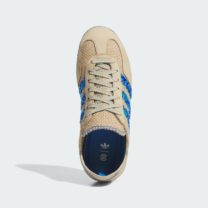 CLOT x adidas Originals Gazelle in “Linen Khaki/Light Blue” featuring textured linen upper, blue accents, and detailed stitching