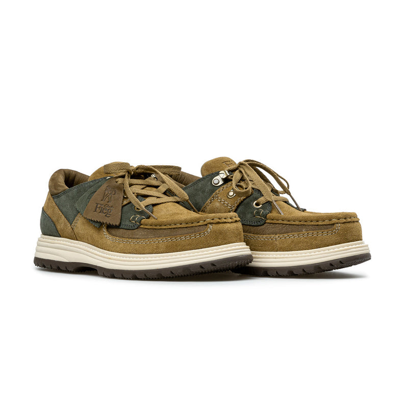 9th St by Ronnie Fieg x Clarks Originals Sunderland sneakers in Brown/Green, featuring C.F. Stead suede, nubuck collar, brass hardware, and cleated rubber outsole