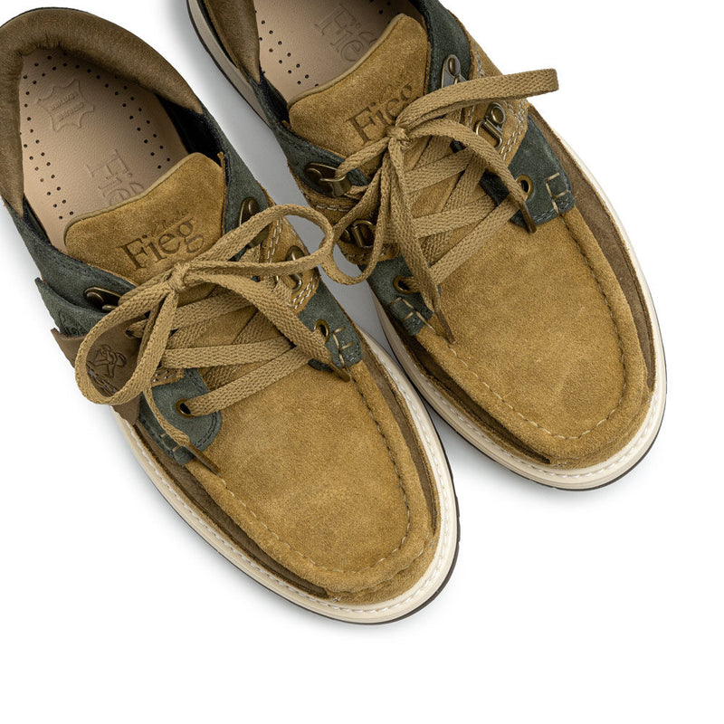 12th St by Ronnie Fieg x Clarks Originals Sunderland sneakers in Brown/Green, featuring C.F. Stead suede, nubuck collar, brass hardware, and cleated rubber outsole