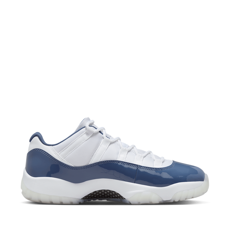 AJ11 sneakers featuring premium leather and lightweight textiles in white, Diffused Blue, and Midnight Navy.