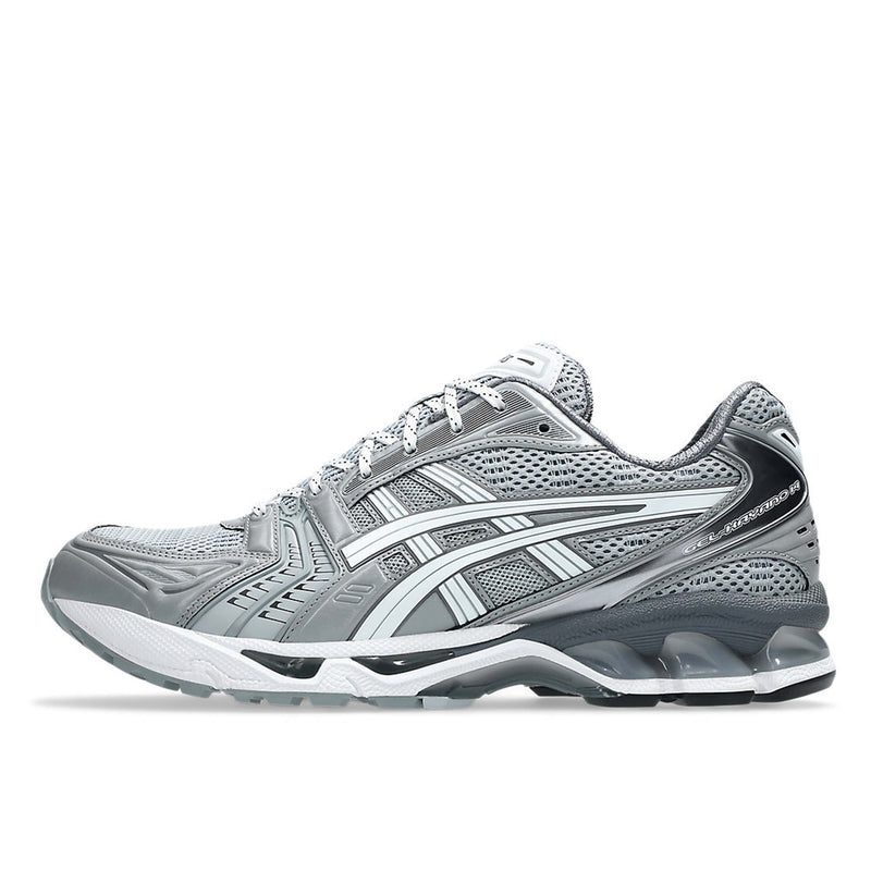 BEAUTY&YOUTH × ASICS GEL-KAYANO 14 sneakers with a monochromatic design, mesh and synthetic leather upper, metallic silver accents, and GEL cushioning.