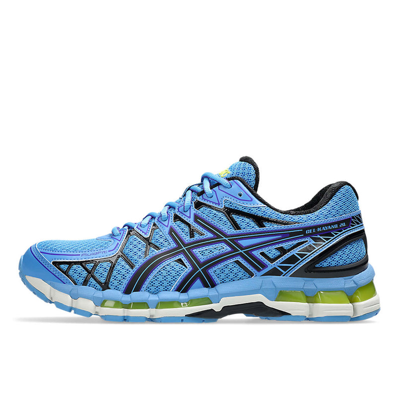 GEL-KAYANO™ 20 sneaker featuring FLUIDFIT™ cage, dual GEL™ technology inserts, and GUIDANCE TRUSSTIC™ system for enhanced fit, comfort, and stability.