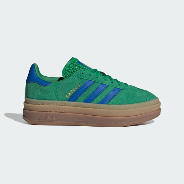 adidas Gazelle in soft suede with serrated 3-Stripes, stacked three layers high, and metallic-gold logo.