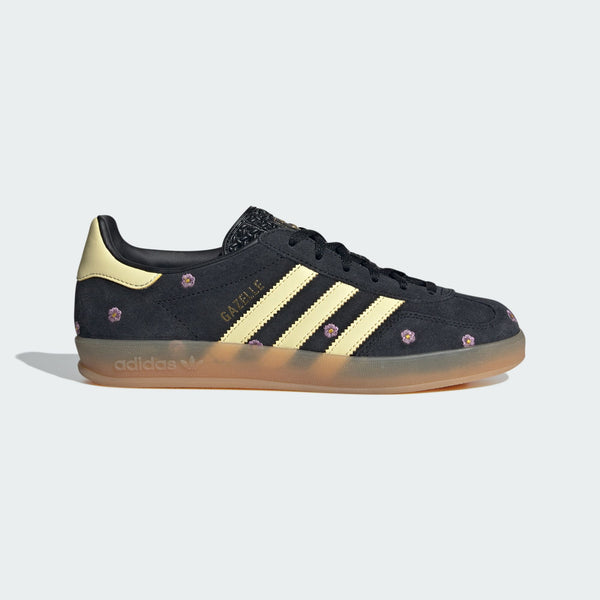 Adidas Gazelle Indoor Shoes featuring a premium suede upper and rubber cupsole, updated with vibrant embroidered florals for a contemporary touch.