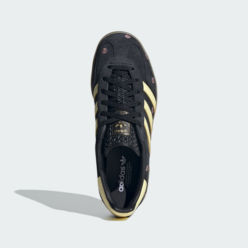Adidas Gazelle Indoor Shoes featuring a premium suede upper and rubber cupsole, updated with vibrant embroidered florals for a contemporary touch.