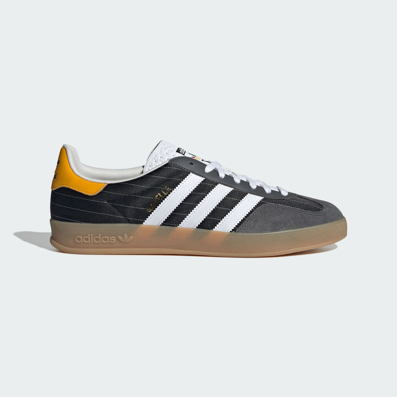 adidas Gazelle shoes with satin upper, suede and synthetic overlays, pinstripe details, and translucent gum outsole.