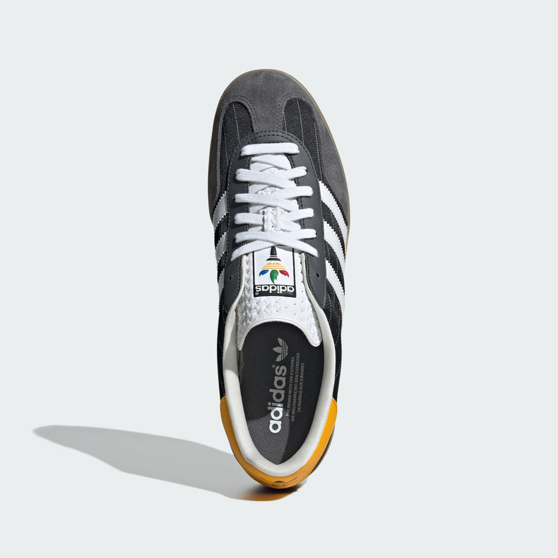 adidas Gazelle shoes with satin upper, suede and synthetic overlays, pinstripe details, and translucent gum outsole.