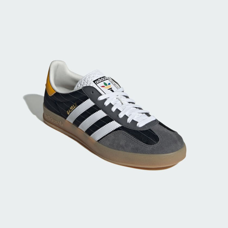 adidas Gazelle shoes with satin upper, suede and synthetic overlays, pinstripe details, and translucent gum outsole.