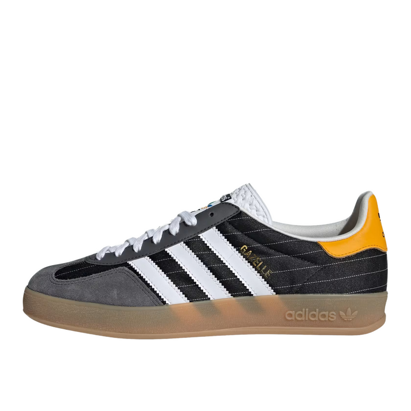 adidas Gazelle shoes with satin upper, suede and synthetic overlays, pinstripe details, and translucent gum outsole.