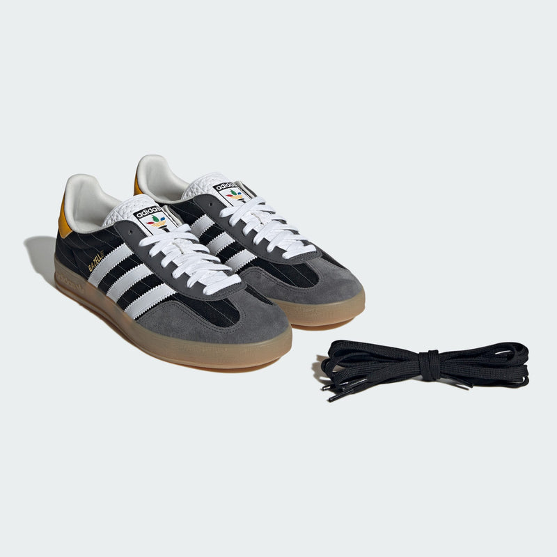 adidas Gazelle shoes with satin upper, suede and synthetic overlays, pinstripe details, and translucent gum outsole.