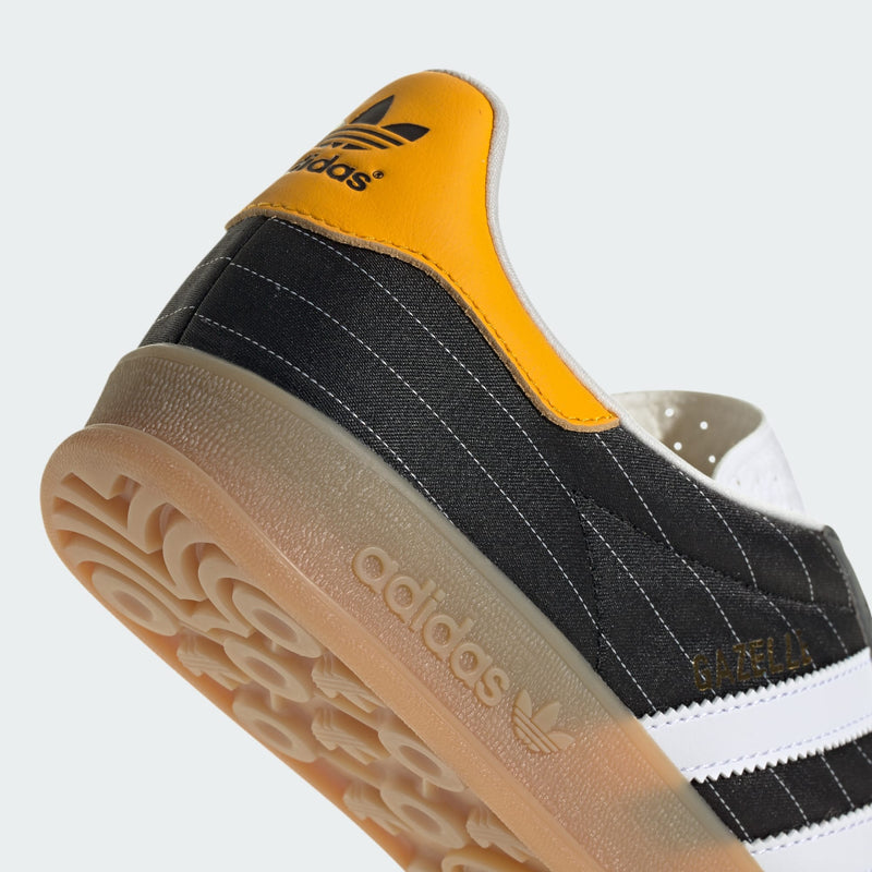 adidas Gazelle shoes with satin upper, suede and synthetic overlays, pinstripe details, and translucent gum outsole.