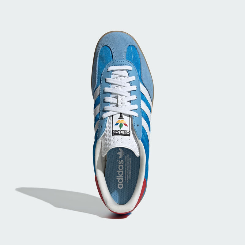 adidas Gazelle shoes with satin upper, suede and synthetic overlays, pinstripe details, and translucent gum outsole.