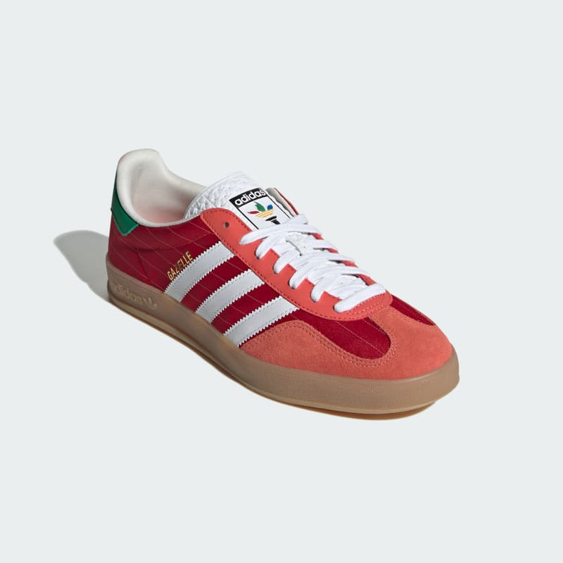 adidas Gazelle shoes with satin upper, suede and synthetic overlays, pinstripe details, and translucent gum outsole.