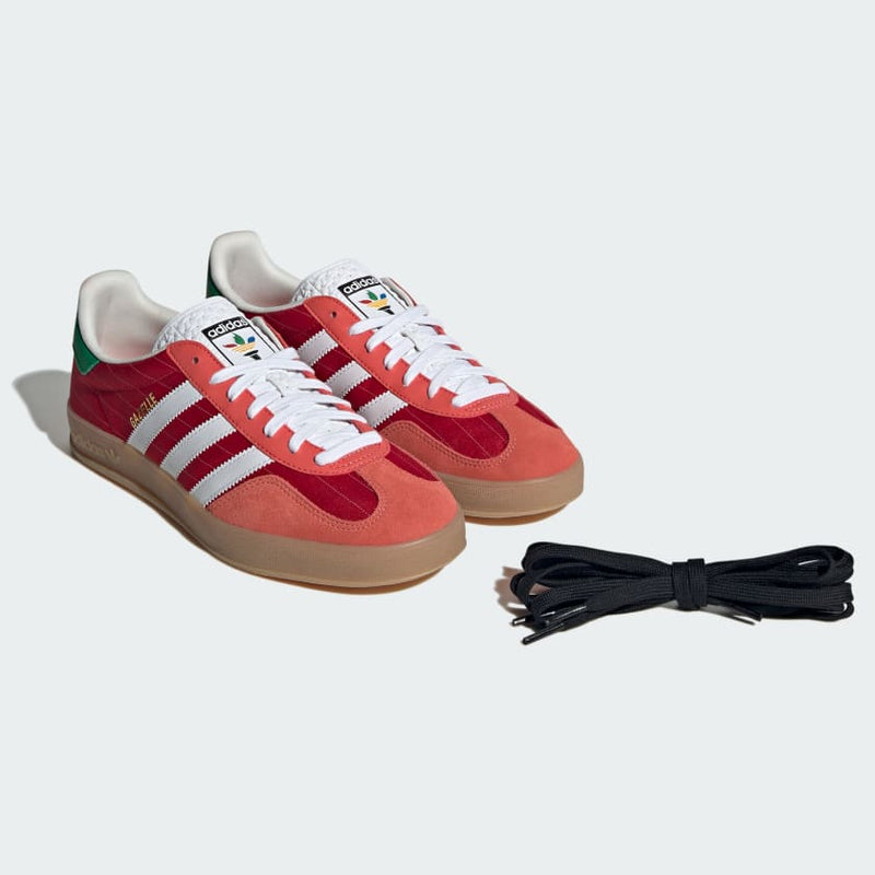 adidas Gazelle shoes with satin upper, suede and synthetic overlays, pinstripe details, and translucent gum outsole.