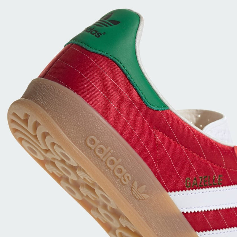 adidas Gazelle shoes with satin upper, suede and synthetic overlays, pinstripe details, and translucent gum outsole.