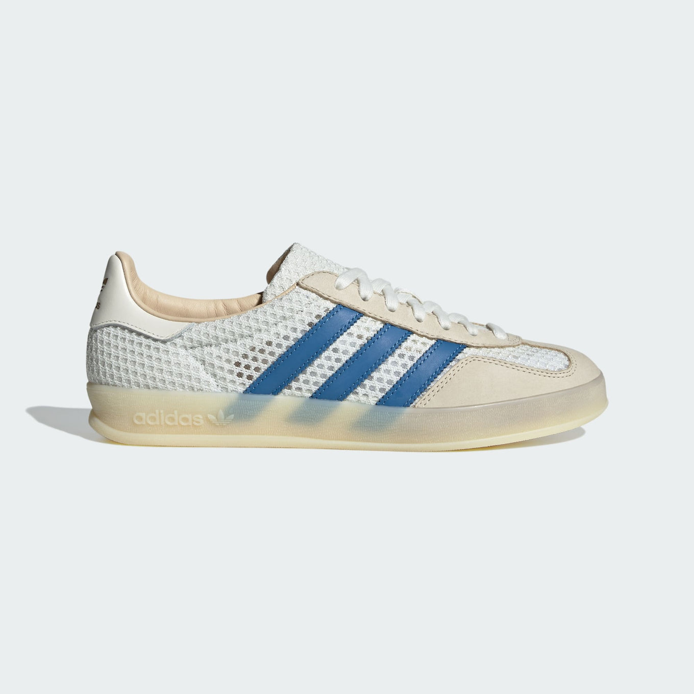adidas Gazelle Indoor Shoes with mesh upper, leather lining, and translucent gum sole.