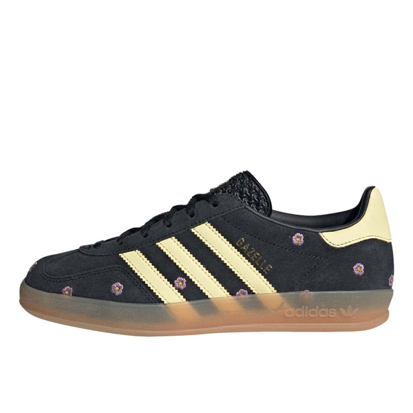 Adidas Gazelle Indoor Shoes featuring a premium suede upper and rubber cupsole, updated with vibrant embroidered florals for a contemporary touch.