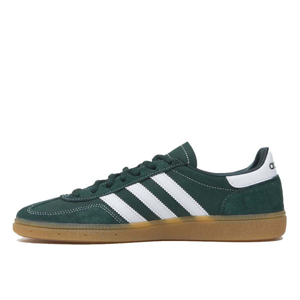 Handball Spezial x Sporty & Rich - Dark Green sneaker with premium suede upper, white 3-Stripes, gold-foil branding, and gum rubber outsole.