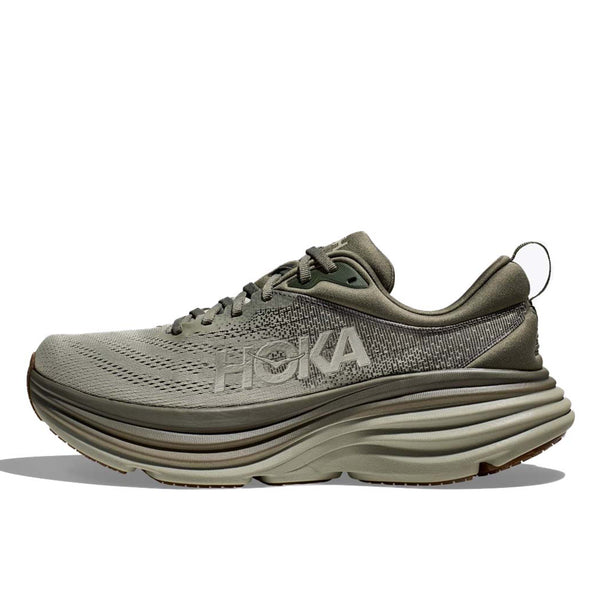 Hoka One One Bondi 8 running shoes showcasing the extended heel geometry, rear crash pad, and engineered mesh upper for a comfortable fit.