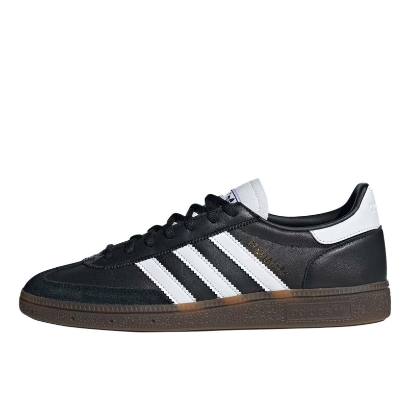 adidas Handball Spezial shoes featuring a sleek design with a T-shaped toebox, serrated 3-Stripes, soft leather upper, and gold foil details.